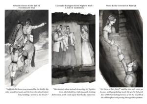 3 pen and ink illustrations that are featured in the Wilson's Tales Walking Trail leaflet